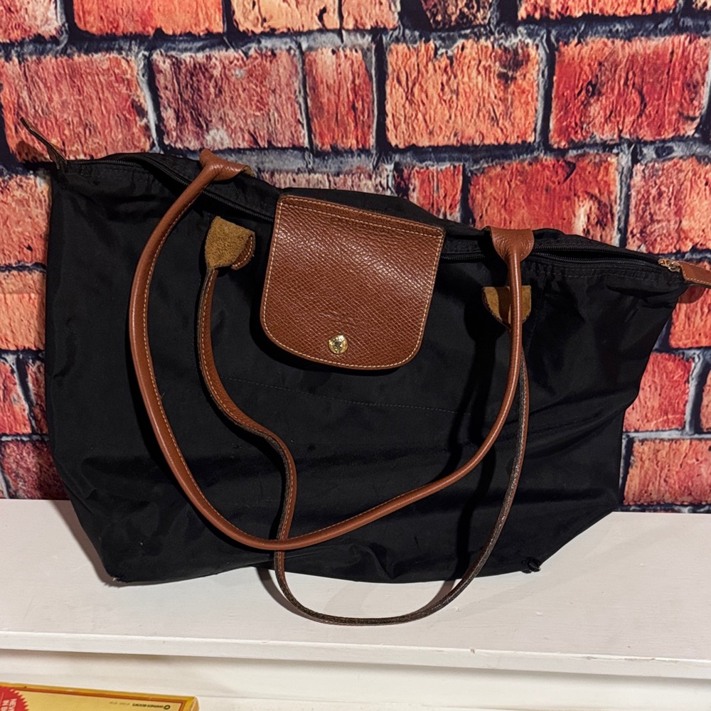 Longchamp Black Tote with Brown Accents